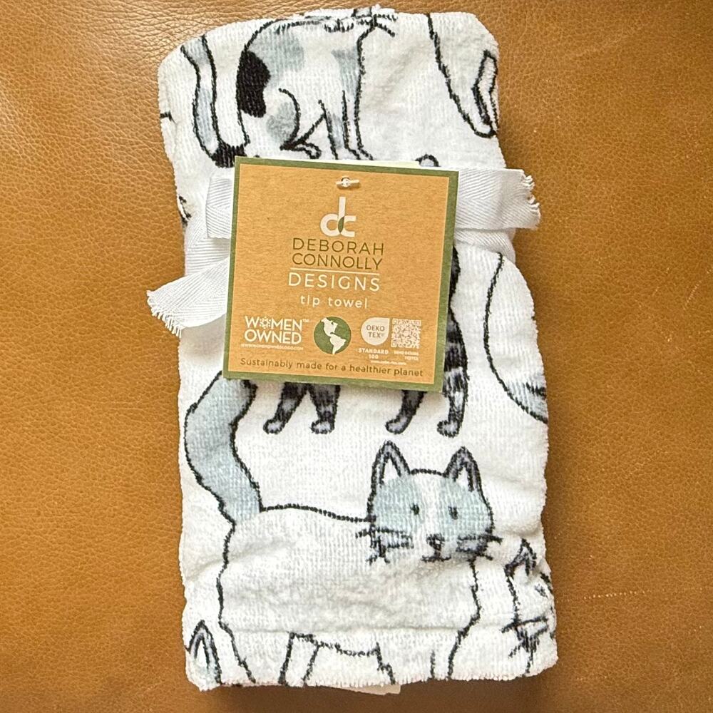 NWT Deborah Connolly Designs Tip Towel White Black Grey Cat NEW